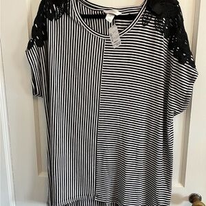 NWT - CJ Banks Black and White Striped Tee with Lace Shoulders
